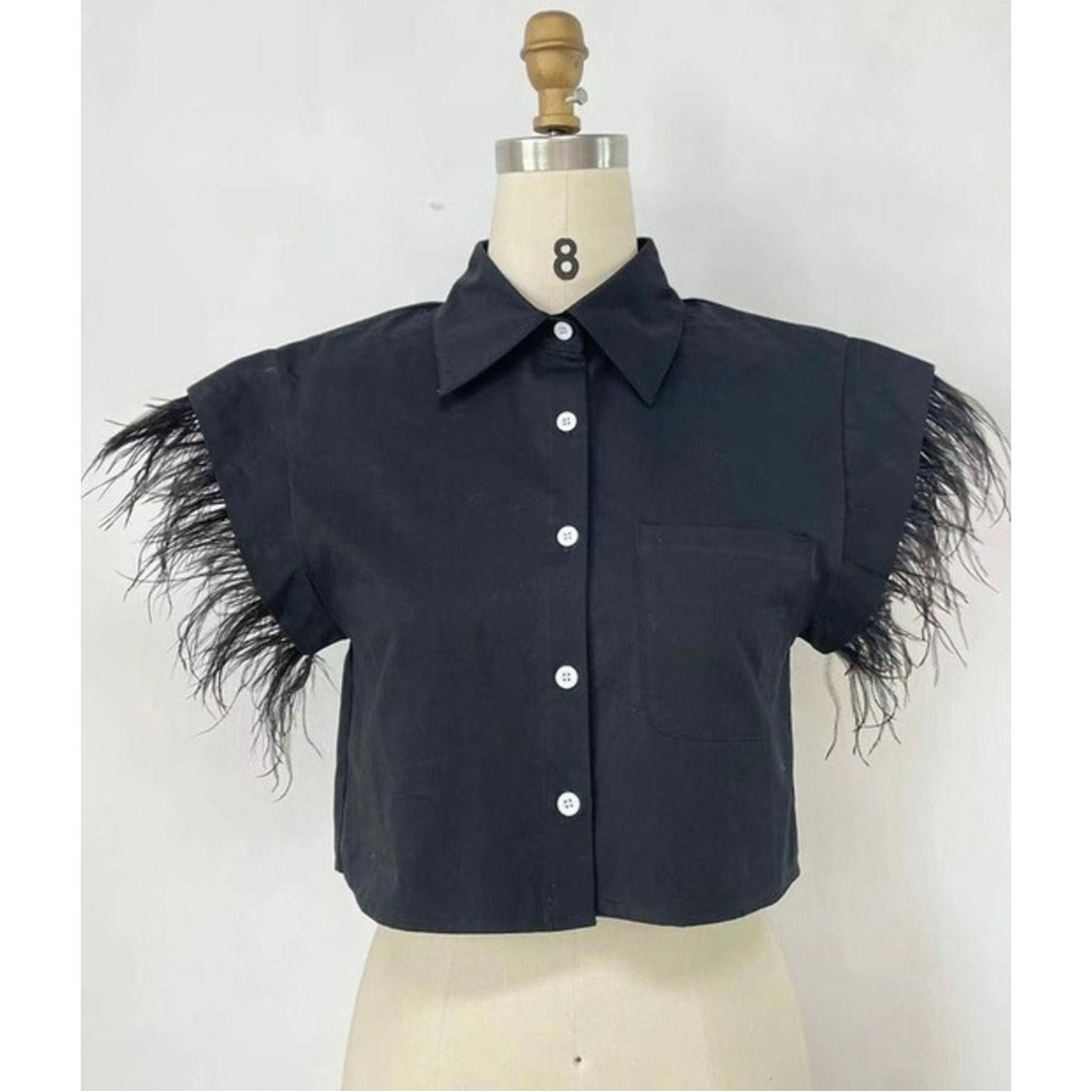 Black Crop Feather Sleeve Button-Up Shirt
